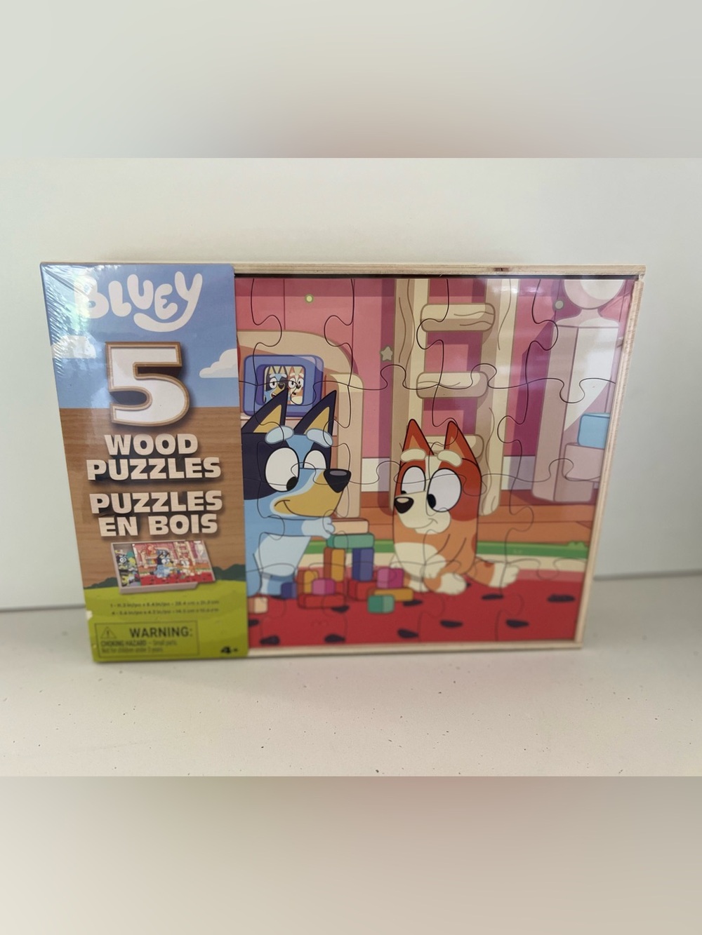 Bluey 5 Wood Puzzles Set with Storage Tray 24 & 8 Piece Kids Toy NWT